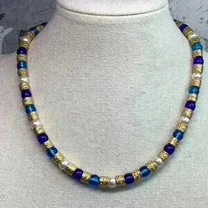 Vintage Glass Necklace with Gold Detailing